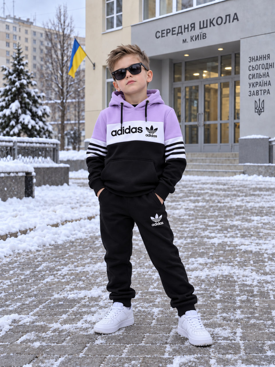 Дитина в лавандовому зимовому костюмі Adidas на флісі