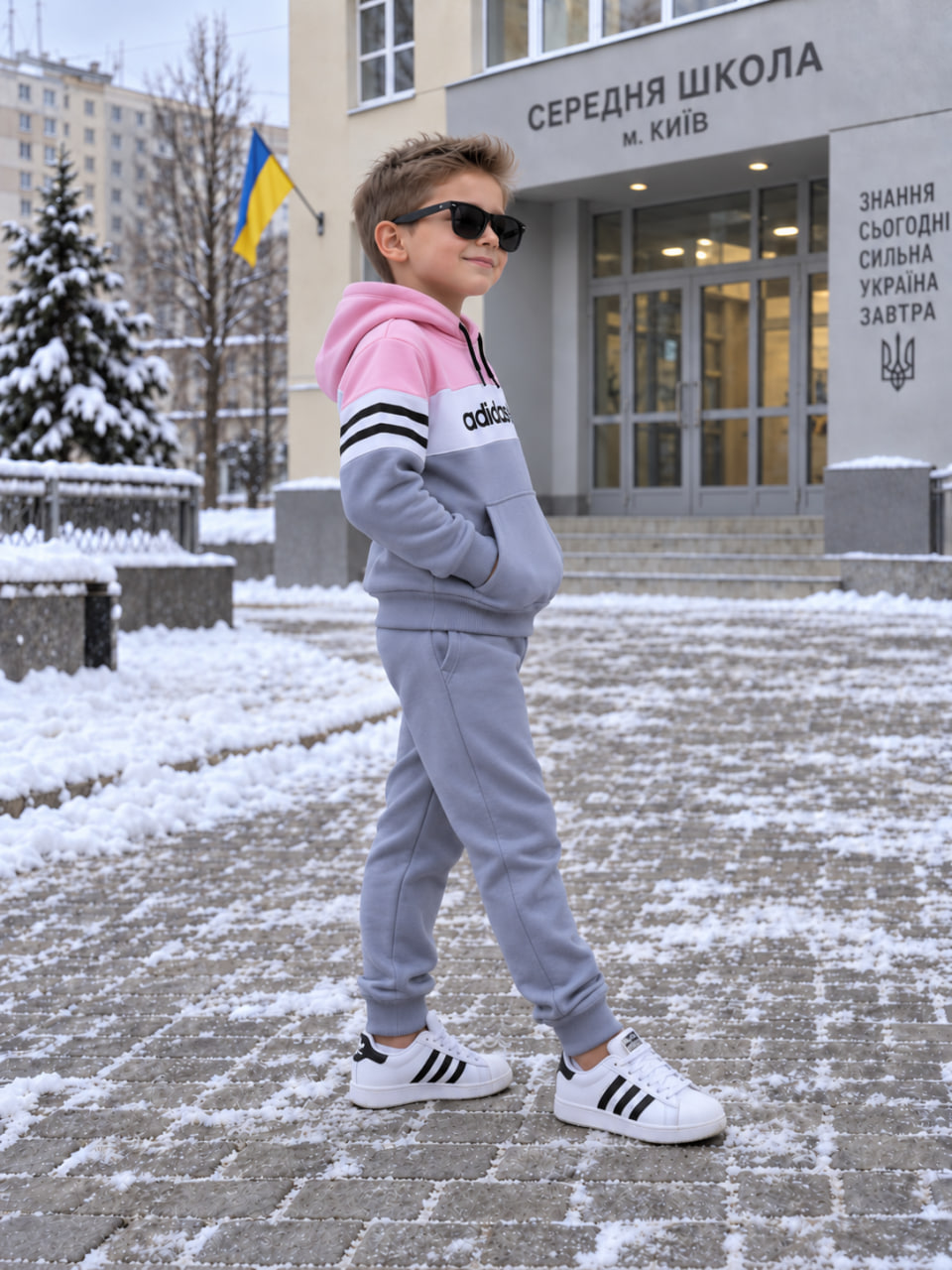 Рожевий дитячий зимовий костюм Adidas на флісі — фото 2